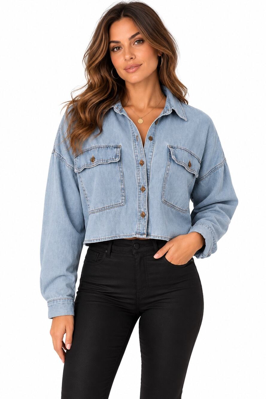 Forever 21 Cropped Denim Shirt Large Light Wash Oversized Button Front
